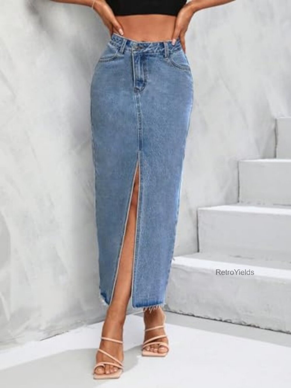 High Waist Stretch Maxi Denim Skirt Front Split Frayed Raw Hem A Line Casual - Picture 6 of 7